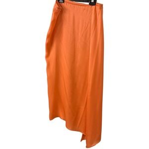 Julio 100% Silk Orange Luxury Midi Skirt Asymmetrical High Slit Wrap Style Boho